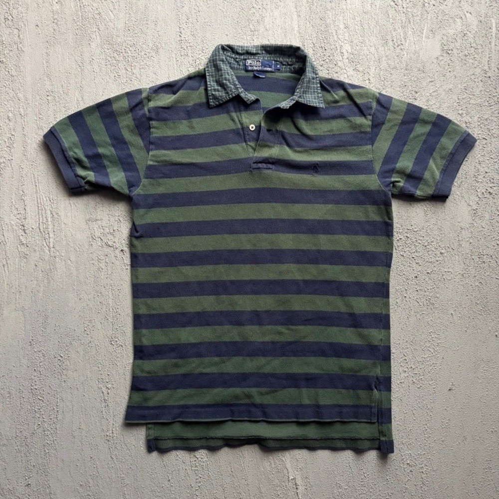 Vintage Polo Ralph Lauren Polo Shirt Medium Green 1990s Striped Plaid Collar